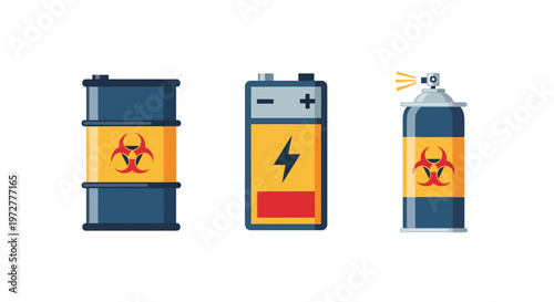 Hazardous waste icons featuring barrel battery and spray can designs