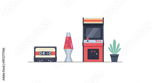 Retro nostalgia: arcade machine cassette tape lava lamp and plant