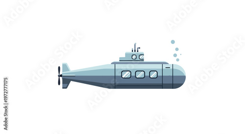 Minimalist submarine with portholes and bubbles on white background