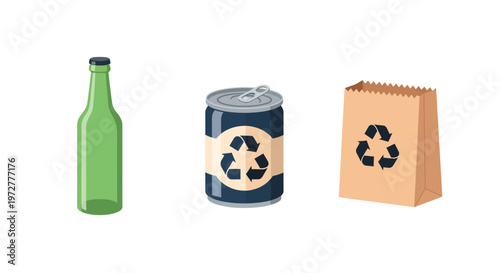 Eco-friendly packaging icons: glass aluminum and paper bag recycling