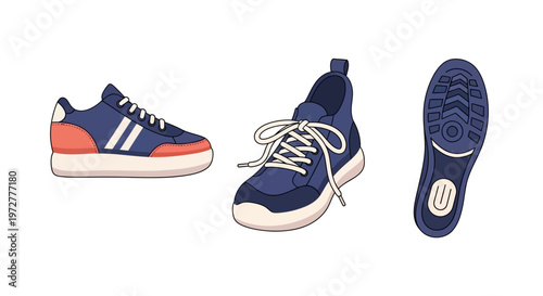 Trendy blue sneakers with white stripes from multiple angles