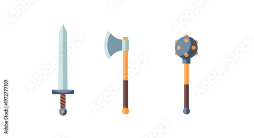 Medieval weapon set featuring sword axe and flail in flat design style