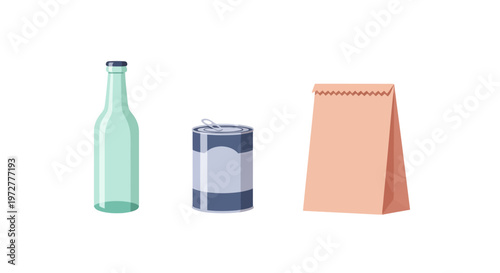 Minimalistic food and beverage packaging set with bottle can and bag