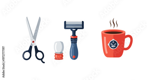 Grooming tools and coffee mug on white background