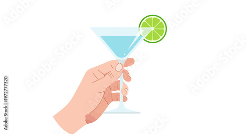 Hand holding martini glass with lime in minimalist flat design