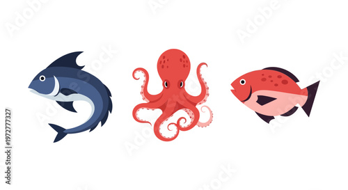 Ocean creatures collection: fish and octopus in flat art