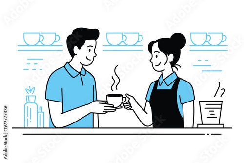 A barista hands a customer a warm beverage at a cafe counter