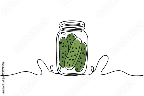 Line drawing of a glass jar filled with several green pickles
