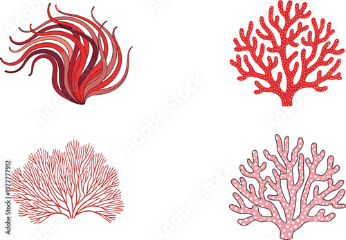 Red Coral Reef Illustration Set with Sea Coral Shapes and Marine Underwater Plants for Ocean Life, Aquatic Ecosystem, and Nature Design