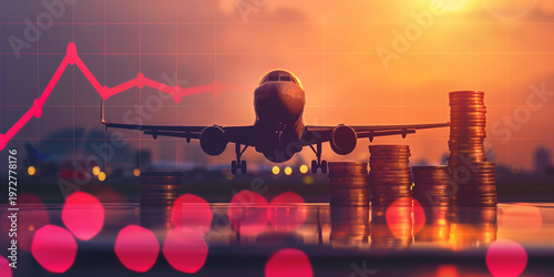 Conceptual image of rising airfare driven by higher fuel prices, with an airplane silhouette above stacked coins and an upward red graph line against a blurred city background