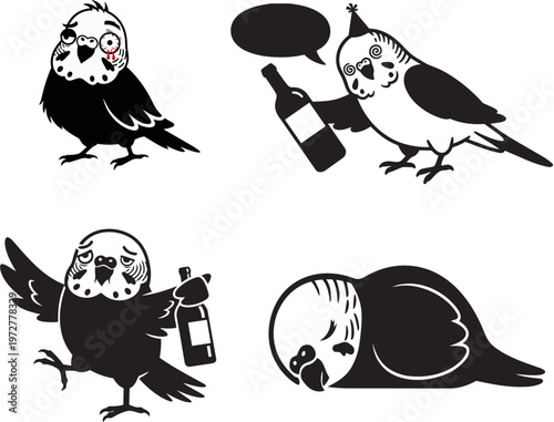 Set of funny budgies in different drunk and party poses vector