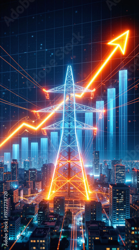 Glowing electricity pylon with rising orange arrow and bar chart over digital city. Concept of energy market growth and increasing power demand in urban environment.