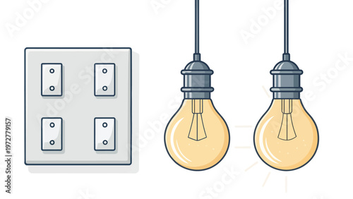 An illustration of a light switch with two illuminated light bulbs hanging from the ceiling