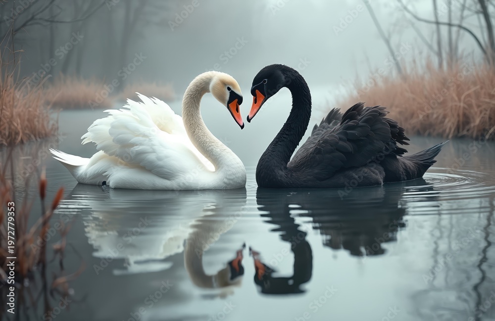 Fototapeta premium White and black swans swim on calm water forming heart shape with necks. Two birds floating on lake in misty fog. Muted pastel tones create serene mood.