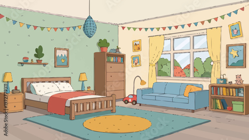 A colorful and cozy child's bedroom with a bed, couch, and toys, filled with natural light from a large window.