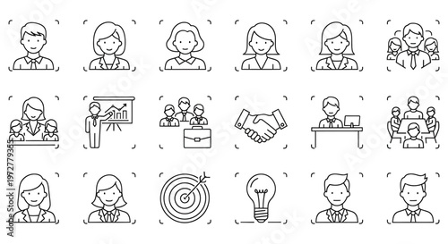 a collection of line icons depicting business concepts, teamwork and communication