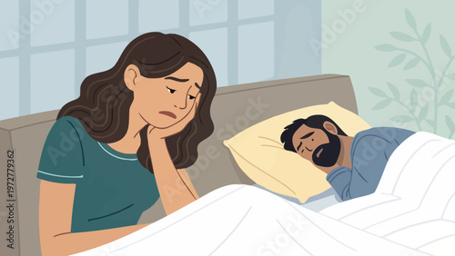A worried woman lies awake in bed while her sleeping partner rests peacefully beside her.