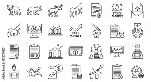 collection of black line icons depicting business, finance and stock market concepts, useful for marketing, advertising and educational materials