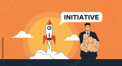 A businessman in a suit launches a rocket symbolizing initiative and innovation in business or entrepreneurship.