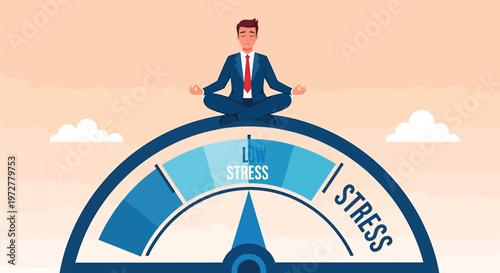 A businessman in a blue suit meditates on top of a stress meter with a calm expression, symbolizing stress management and mindfulness in the workplace.