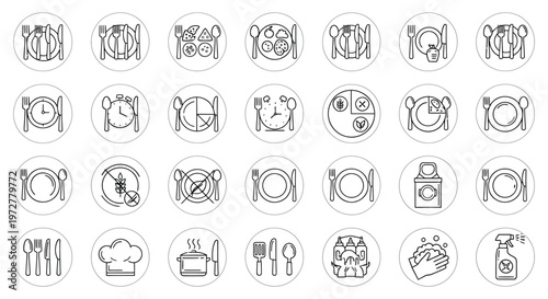 collection of kitchen utensils and food icons in line art style, vector graphics