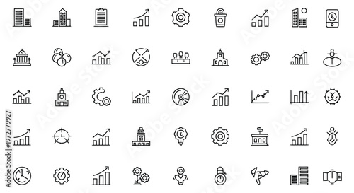 a collection of line icons for business and finance on a white background
