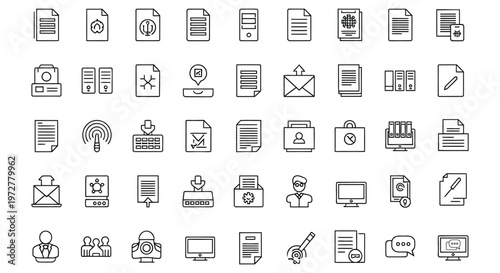 Collection of line icons representing business, office, communication, and technology concepts, useful for marketing, advertising, and educational materials.