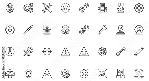 a collection of line icons featuring industrial and engineering symbols, including gears, tools, and warning signs, useful for design and educational purposes