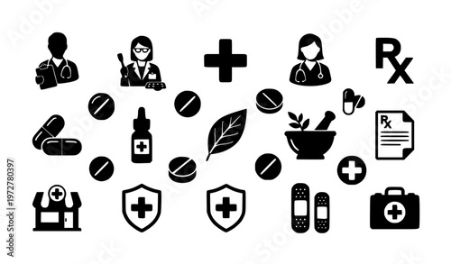 Pharmacy silhouette vector collection with medical staff pills capsules and drugstore icons