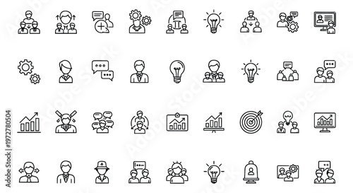 A collection of line style business icons featuring people, communication, finance and technology symbols, ideal for marketing, advertising and educational materials.