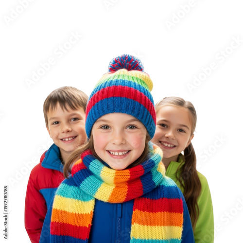 Three smiling children in winter clothing