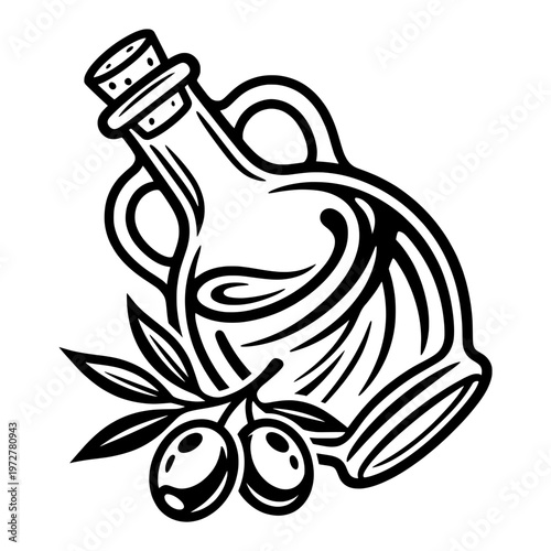 olive oil bottle with olives and leaves line drawing illustration vector clipart black and white