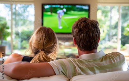 Couple Leaning Forward Intently Watching Golf Tournament on Television