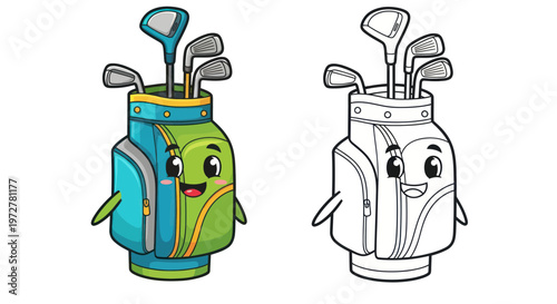 Cute cartoon golf bag with clubs, color and outline versions