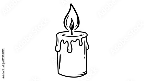 Minimalist Lit Candle with Melting Wax and Flame, Hand-Drawn Black Line Vector Icon Illustration Isolated on White Background, Scalable SVG Design for Spa, Prayer, Meditation, and Home Decor.