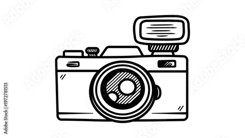 Minimalist Hand-Drawn Vintage Film Camera Vector Icon with External Flash; Retro Analog Photography Equipment Illustration in Black Line Art Style on White Background for Creative Design.