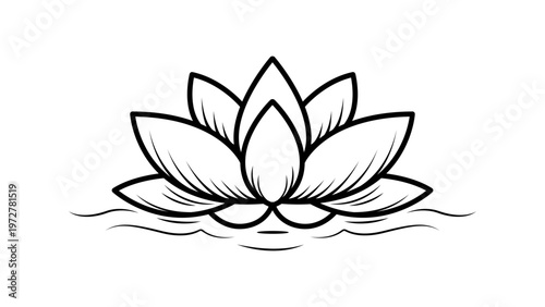 Minimalist black line vector illustration of an open lotus flower icon on a white background. Hand-drawn sketch style water lily symbol for yoga, meditation, spa, wellness, and zen branding design.