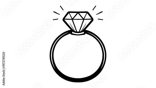 Minimalist black line vector icon of a diamond engagement ring on a white background, featuring a hand-drawn sketch style illustration of a sparkling gemstone for wedding and jewelry design.
