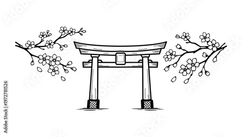 Minimalist black line vector icon illustration of a traditional Japanese Torii gate framed by blooming cherry blossom sakura branches, hand-drawn outline isolated on a white background.
