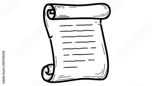 Hand-drawn minimalist black line vector icon of an unrolled parchment scroll with horizontal text lines, clean outline illustration on a white background, scalable graphic for history or law.
