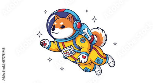 Shiba Inu Dog Astronaut Floating in Space with Stars, Cartoon Style
