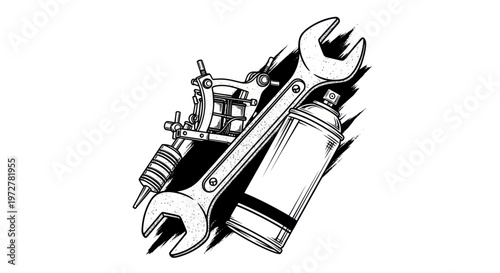 Tattoo Machine, Wrench, and Spray Can - Art and Repair Tools
