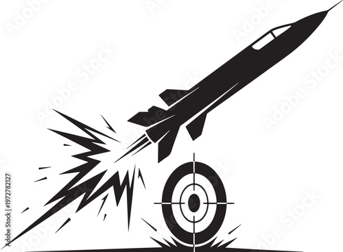 Silhouette of a jet fighter missile hitting a target with an explosion effect