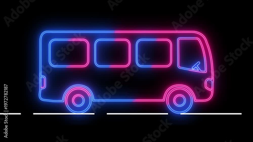4K neon bus animation with glowing road lines, blue and pink electric vehicle motion.