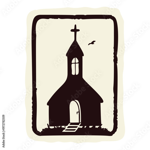Stylised little church icon for open door sanctuary clip art. Hand drawn black white vector motif for chapel newsletter or pilgrimage stop. Isolated simple drawing on white background.