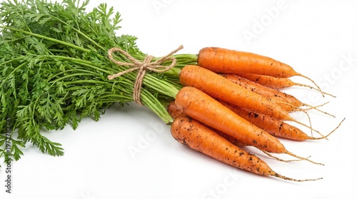 Freshly Harvested Carrots Tied with Twine on a White Background