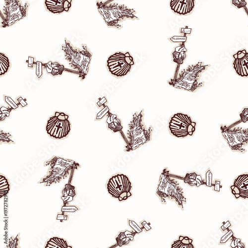 Pilgrim follow the road seamless vector pattern. Black and white church sanctuary background for religious travel. Pilgrim shell for St James way Santiago de compostela swatch. European travel retreat