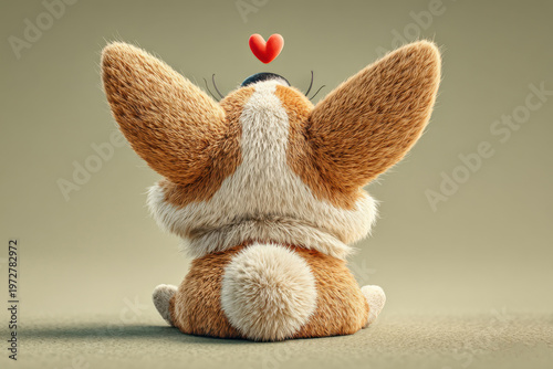 A rear view of a cartoon Welsh Corgi dog chasing a red heart.