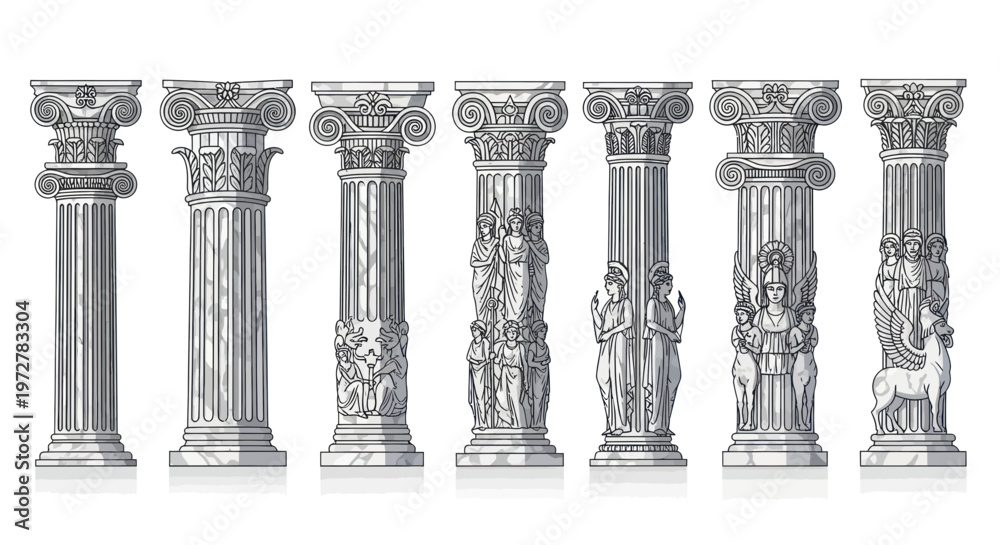 Fototapeta premium Ancient Greek Ionic and Corinthian Columns Collection, Architectural Elements