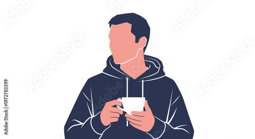 Man in Hoodie Holding a Cup of Coffee, Faceless Vector Illustration in Flat Style